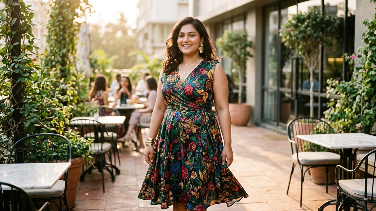 Confident smiling plus-size South Asian woman in a vibrant floral wrap dress at a sunny Colombo cafe